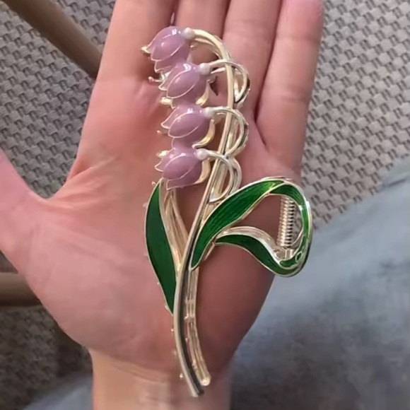 Vintage Lily of the Valley Gold Tone Floral Barrette Lavender Hair Clip main image 9